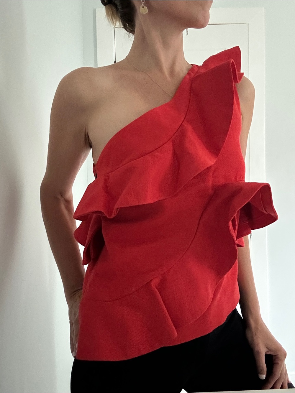 MSGM One-Shoulder Red Ruffle Top